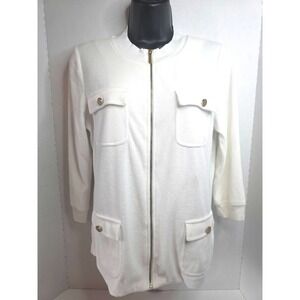 Talbots Ivory Terry Cloth Full Zip Jacket Gold Buttons SZ Small Utility Pockets